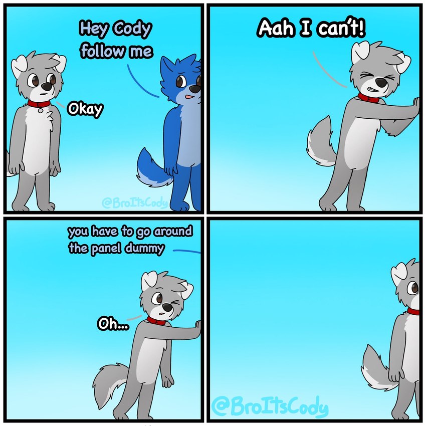 4_panel_comic anthro biped black_nose blue_body blue_ears blue_fur blue_hair blue_tail brown_eyes chest_tuft collar dialogue floppy_ears fur grey_body grey_fur grey_hair grey_tail hair male monotone_hair multicolored_body multicolored_fur solo tail text tuft two_tone_body two_tone_fur two_tone_tail white_body white_ears white_fur white_tail broitscody cody_(broitscody) logan_(broitslogan) canid canine canis domestic_dog husky mammal nordic_sled_dog spitz wolf 1:1 2021 comic english_text hi_res watermark