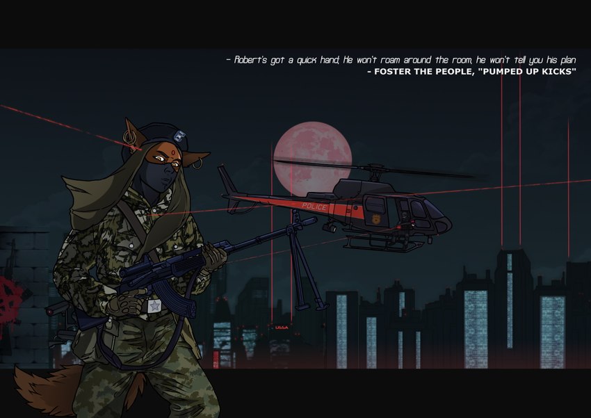 aircraft ak_platform ambiguous_gender armor armored_vest assault_rifle battle beret bottomwear building bulletproof_vest camera camo city clothed clothing dark_body dark_skin detailed_background face_mask fully_clothed gun hammer_and_sickle hat headgear headwear helicopter helmet holding_assault_rifle holding_gun holding_object holding_ranged_weapon holding_rifle holding_weapon humanoid_pointy_ears inside_helicopter jacket looking_at_viewer machine_gun moon open_mouth outside pants pointy_ears police politics ranged_weapon red_star rifle rooftop rpkm skyscraper solo standing tactical tactical_gloves text topwear vehicle weapon yellow_eyes aleone foster_the_people red_dawn swat animal_humanoid humanoid digital_media_(artwork) english_text