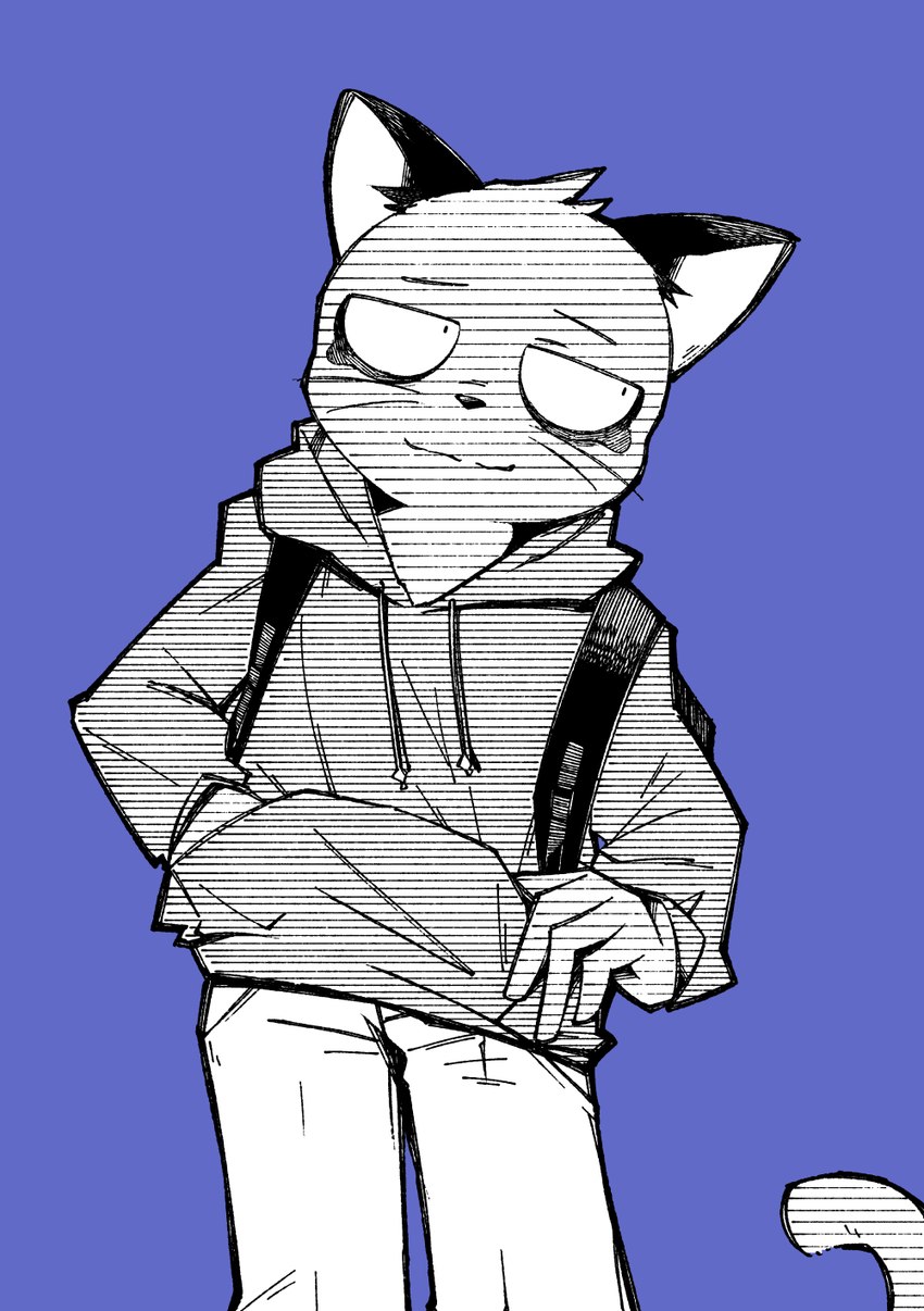 5_fingers anthro backpack blue_background bottomwear clothing fingers happy hoodie leaning male pants simple_background solo tail topwear otamin odd_taxi hajime_tanaka_(odd_taxi) domestic_cat felid feline felis mammal 2022 hi_res