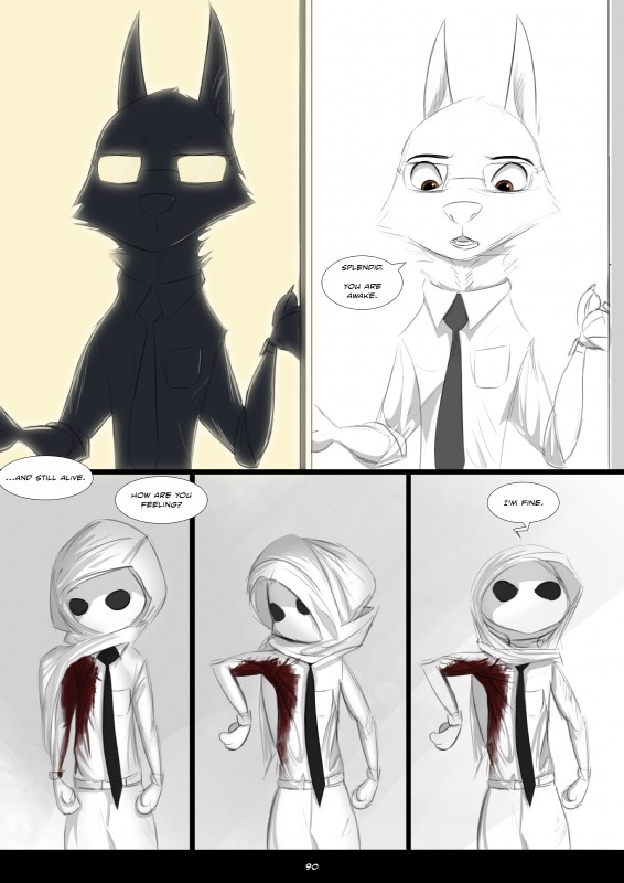 amber_eyes anthro blood bodily_fluids clothed clothing duo eyewear glasses hood male mask necktie speech_bubble standing text yitexity disney zootopia fan_character omega_(yitexity) ryder_howell_(yitexity) canid canine canis lagomorph leporid mammal rabbit wolf 2017 absurd_res comic english_text hi_res