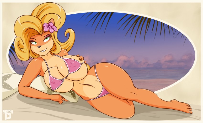 anthro big_breasts bikini breasts clothing colored_edge_bikini curvy_figure feet female fur pink_bikini pink_clothing pink_swimwear solo swimwear thick_thighs triangle_bikini two-piece_swimsuit voluptuous smash-d activision crash_bandicoot_(series) coco_bandicoot bandicoot mammal marsupial letterbox