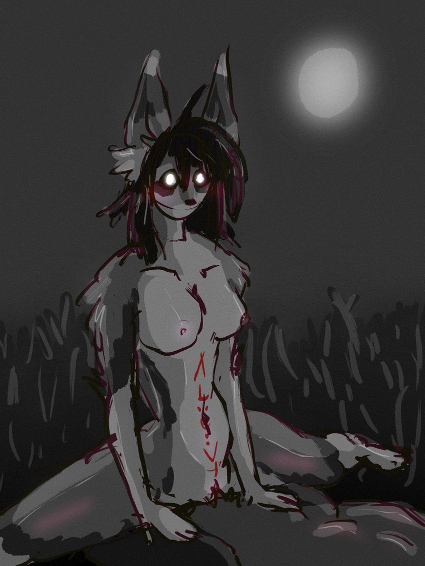 anthro black_hair blood blush bodily_fluids duo female glowing glowing_eyes grainy hair male male/female nightmare_fuel sex yeehaw alfredorunt canid canine canis coyote coywolf domestic_dog husky hybrid mammal nordic_sled_dog spitz wolf wolfdog 2023 3:4 digital_drawing_(artwork) digital_media_(artwork) hi_res