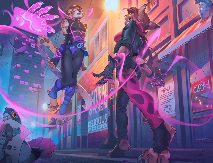 4_toes 5_fingers anthro beak city clothed clothing detailed_background ear_piercing ear_ring feet female fingers gauged_ear group male night outside piercing ring_piercing toes kyander ash_(ashkelling) zaide_(ashkelling) avian bird columbid felid feline leopard lynx mammal pantherine pigeon 2022 digital_media_(artwork)