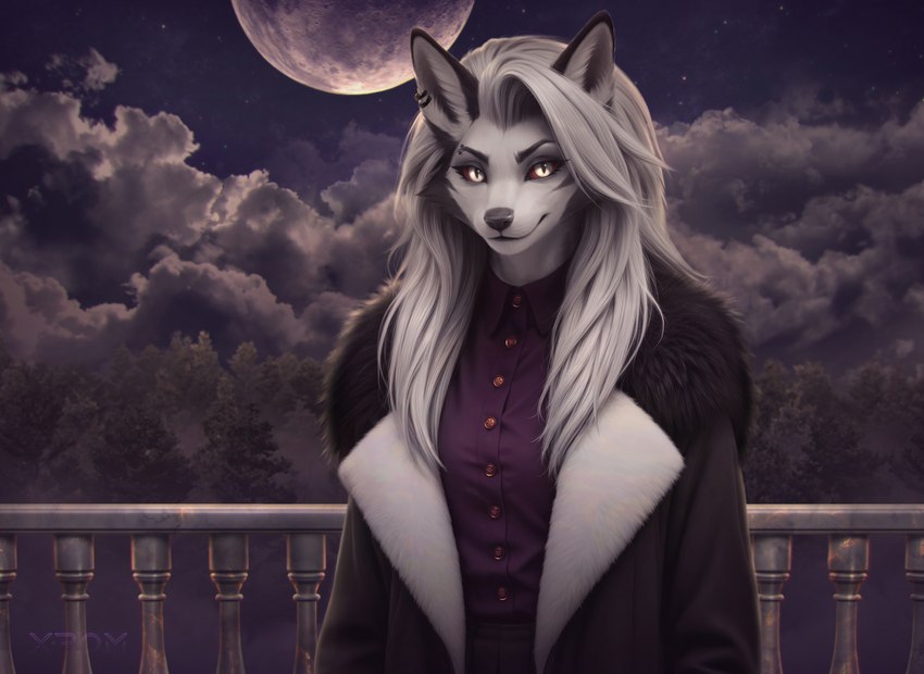 alternative_fashion anthro classical_architecture clothed clothing cloud cloudy_sky coat dress_shirt female forest forest_background fur_collar fur_collar_jacket goth hair jacket long_hair looking_at_viewer moon nature nature_background night occult_symbol pentagram plant railing shirt sky solo symbol topwear tree x-rom helluva_boss loona_(helluva_boss) canid canine canis mammal wolf absurd_res digital_media_(artwork) hi_res