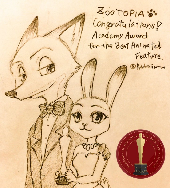 anthro award bare_shoulders black_tie_(suit) clothed clothing dipstick_ears dress duo ear_markings female fur hand_on_shoulder holding_award holding_object holding_oscar_statuette jewelry male multicolored_ears necklace oscar_statuette simple_background size_difference smile suit text ryukagenmu academy_awards disney zootopia judy_hopps nick_wilde canid canine fox lagomorph leporid mammal rabbit red_fox true_fox 2017 english_text half-length_portrait hi_res portrait