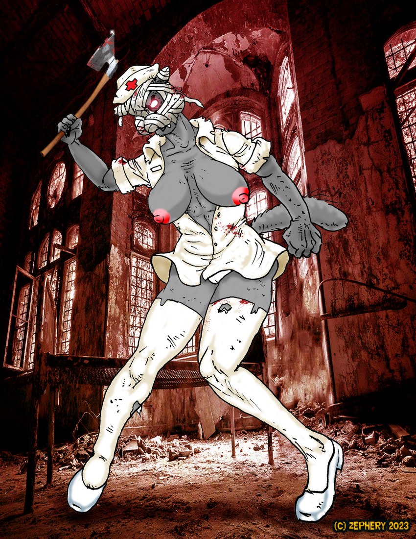 anthro areola axe bandage big_breasts blood blood_on_bandage blood_on_clothing blood_on_weapon bodily_fluids breasts clothing exposed_breasts female glowing glowing_eyes grey_body hatchet holding_breast hospital legwear monster_girl_(genre) nipples nurse_clothing nurse_uniform red_areola red_eyes red_nipples ruins sagging_breasts solo stockings thigh_highs uniform weapon wcd1959_(artist) konami silent_hill domestic_cat felid feline felis ghoul mammal nurse_(silent_hill) undead 2023 digital_drawing_(artwork) digital_media_(artwork) hi_res