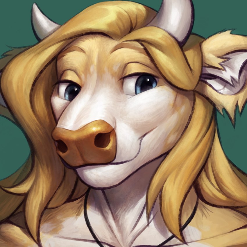 ambiguous_gender anthro blonde_hair brown_body brown_fur brown_nose fur green_background hair horn jewelry long_hair looking_sideways necklace simple_background smile solo eracin jinash_(character) bovid bovine cattle mammal 1:1 bust_portrait hi_res portrait female_(lore)