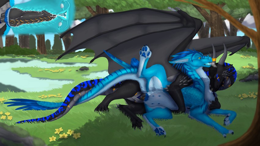 2_horns 4_toes 5_fingers anatomically_correct animal_genitalia arm_spikes big_wings black_body black_claws black_horn black_penis black_tail black_wings blue_body blue_fur blue_genital_slit blue_inner_pussy blue_insides blue_markings blue_nipples blue_pawpads blue_paws blue_pussy blue_tail blue_tail_feathers blue_tongue bodily_fluids by_the_water cervical_contact claws cum cum_in_pussy cum_in_uterus cum_inside cutaway duo fallopian_tubes feathered_tail feathers feet female female_feral female_penetrated feral feral_on_feral fingerless_(marking) fingers from_behind_position fur genital_fluids genital_slit genitals grey_body head_spikes horn horn_jewelry horn_ring hot_breath internal internal_vaginal jewelry knot knotted_penis knotting leg_spikes licking male male/female male_feral male_penetrating male_penetrating_female markings monotone_body multi_nipple multicolored_body nipples one_leg_up ovaries pawpads paws penetration penile penile_penetration penis penis_in_pussy pussy raised_leg ridged_penis ring_(jewelry) sex spikes spikes_(anatomy) spoon_position spread_legs spreading tail toeless_(marking) toes tongue uterus vaginal vaginal_penetration wings yellow_eyes silipinfox1298 mythology noelani_(silipinfox1298) rogon_usaryis dragon feathered_dragon feathered_scalie mythological_creature mythological_scalie scaled_dragon scalie 16:9 hi_res widescreen