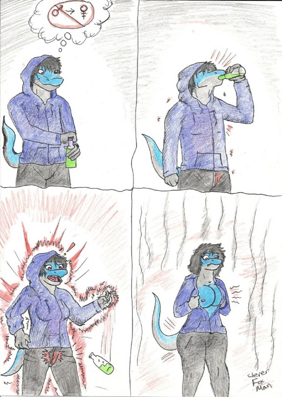 beverage big_breasts breasts clothed clothing female gender_transformation hoodie male mtf_transformation nipples non-mammal_breasts non-mammal_nipples simple_background soda solo tail topwear transformation cleverfoxman scalie comic hi_res traditional_media_(artwork)