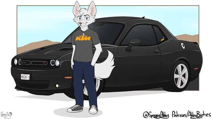 anthro car male motor_vehicle solo standing vehicle spoopy-abby dodge_(brand) dodge_challenger canid canine mammal 16:9 hi_res widescreen