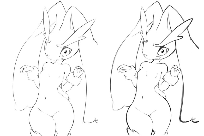 4_fingers anthro black_line_art breasts eyebrows eyelashes featureless_breasts featureless_crotch female fingers floppy_ears front_view looking_at_viewer lop_ears navel nude open_mouth pupils simple_background small_breasts solo standing tail thick_thighs white_background wide_hips 4chan_anon nintendo pokemon generation_4_pokemon lagomorph lopunny mammal pokemon_(species) 2024 3:2 black_and_white digital_media_(artwork) hi_res monochrome multiple_images portrait sketch three-quarter_portrait