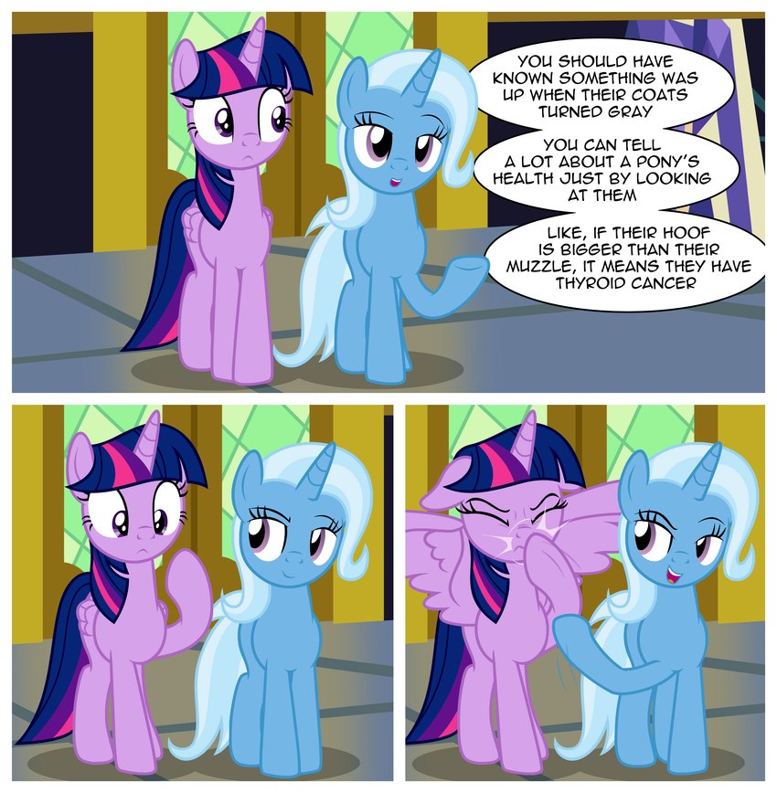 dialogue female hair horn inside multicolored_hair purple_eyes purple_hair text trolling two_tone_hair white_hair wings badumsquish friendship_is_magic hasbro my_little_pony mythology trixie_(mlp) twilight_sparkle_(mlp) equid equine mammal mythological_creature mythological_equine unicorn winged_unicorn absurd_res comic english_text hi_res