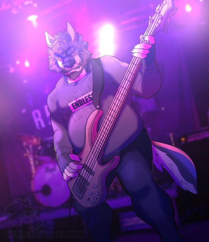 5_fingers anthro bass_guitar beard bottomwear clothed clothing facial_hair fingers fully_clothed guitar looking_at_viewer male mature_anthro mature_male musical_instrument mustache pants photo_background plucked_string_instrument shirt solo stage standing string_instrument topwear baraking daroondar canid canine canis mammal wolf 2018 hi_res photography_(artwork)