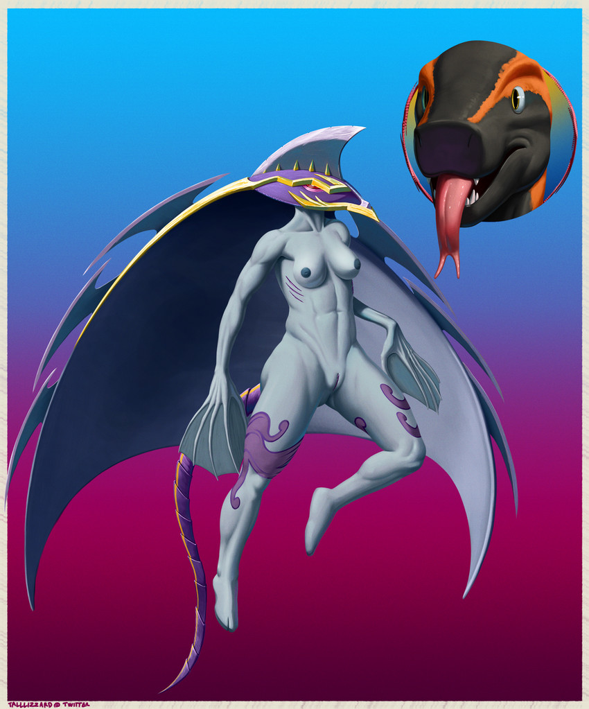 ambiguous_gender anthro black_body black_nipples black_pussy blade breasts cape clothing disembodied_head duo female genitals gradient_background grey_body hood hooded_cape leg_markings long_fingers long_tail looking_at_viewer markings membrane_(anatomy) multicolored_body nipples open_mouth orange_body purple_body pussy red_eyes scar simple_background solo_focus swimming_fins tail teeth text tongue tongue_out two_tone_body webbed_hands yellow_body yellow_eyes tall_lizzard_(artist) disney spectrobes max_(maxdamage_rulz) amphibian fire_salamander fish manta_ray mantrados marine ray_(fish) salamander spectrobe 2021 headshot_portrait hi_res portrait signature