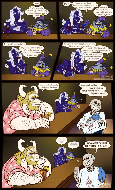 alcohol anthro beard beverage bone dialogue facial_hair goo-connected_lips hair horn humor jester_outfit juice_box long_ears male mature_anthro mature_male not_furry_focus profanity skeleton text white_hair wine variou-very deltarune fingers_in_his_ass undertale undertale_(series) asgore_dreemurr jevil_(deltarune) rouxls_kaard sans_(undertale) animated_skeleton boss_monster_(undertale) bovid caprine darkner humanoid imp mammal undead 2018 comic english_text hi_res meme watermark