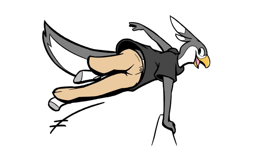 anthro beak bottomwear clothed clothing feathers footwear green_eyes grey_body grey_clothing grey_feathers grey_shirt grey_topwear head_tuft male motion_lines open_mouth open_smile orange_beak pants parkour shirt simple_background smile socks solo tail tail_feathers tan_bottomwear tan_clothing tan_pants topwear tuft vaulting white_background white_body white_feathers dynabird dyna_(dynablade_savior) avian bird 16:9 hi_res widescreen