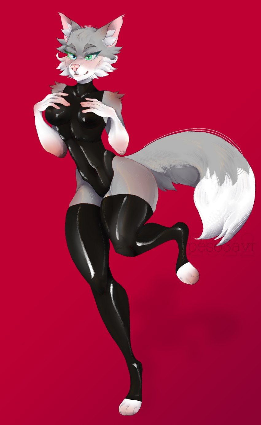 anthro breasts clothing female fur hand_on_breast inner_ear_fluff latex latex_clothing latex_legwear latex_stockings legwear solo squish stockings thick_thighs thigh_squish tuft peso3avr wolf_wolfindeir_(thewolfycreator) canid canine canis mammal wolf hi_res