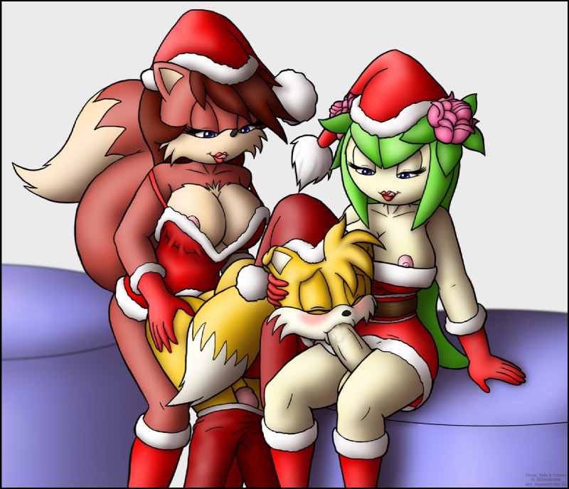 anal anal_penetration anthro anthro_on_anthro anthro_penetrated anthro_penetrating anthro_penetrating_anthro blue_eyes blush boots breasts brown_hair christmas_clothing christmas_headwear cleavage clothed clothing dipstick_tail erection eyes_closed fellatio footwear from_behind_position genitals green_hair group gynomorph gynomorph/male gynomorph_penetrating gynomorph_penetrating_male hair hat headgear headwear holidays humanoid_genitalia humanoid_penis intersex intersex/male intersex_penetrating intersex_penetrating_male male male_penetrated markings oral oral_penetration penetration penile penis plant santa_hat sex shoes sitting tail tail_markings knownvortex archie_comics christmas sega sonic_the_hedgehog_(archie) sonic_the_hedgehog_(comics) sonic_the_hedgehog_(series) sonic_x cosmo_the_seedrian fiona_fox miles_prower canid canine elemental_creature elemental_humanoid flora_fauna fox humanoid mammal plant_humanoid seedrian digital_media_(artwork)