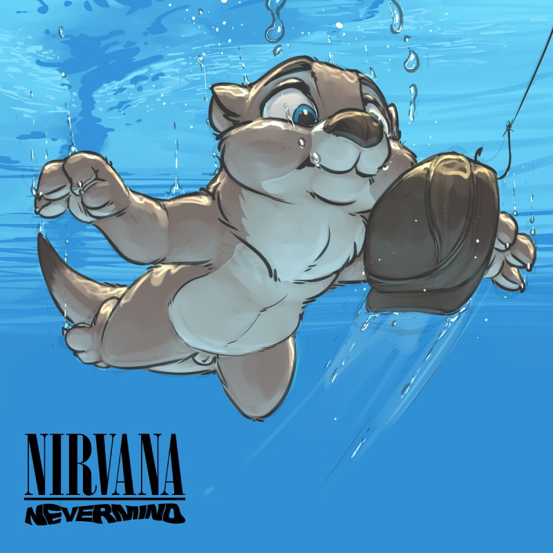 animal_genitalia anthro blue_eyes brown_body brown_fur brown_nose clothing diving facial_markings fully_sheathed fur genitals hat head_markings headgear headwear male markings nude parody sheath solo swimming underwater water carrot_(artist) third-party_edit nevermind_(nirvana) nirvana shem mammal mustelid otter 1:1 hi_res