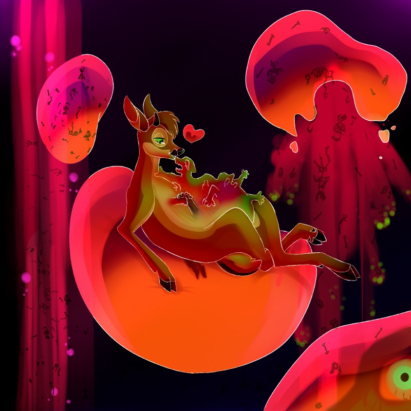 abstract_art ambiguous_gender bone bubble eyeball female feral fur green_eyes group heart_symbol hooves kissing liquid neon nightmare_fuel relaxing skeleton vore yellow_body yellow_fur deerpuff defiance disney deer mammal 1:1 hi_res