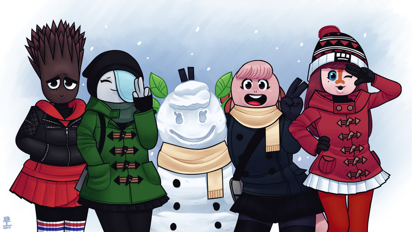 anthro bottomwear clothed clothing coat female fishnet_clothing fully_clothed gesture group hand_gesture legwear scarf skirt snow snowman thigh_highs topwear v_sign winter wazzaldorp real_axolotl_hours angel_(wazzaldorp) axey_(wazzaldorp) koi-chan uni_(wazzaldorp) amphibian amur_carp angelfish axolotl carp cyprinid cypriniform echinoderm echinozoan fish koi marine mole_salamander salamander sea_urchin typical_carp 16:9 2019 hi_res widescreen