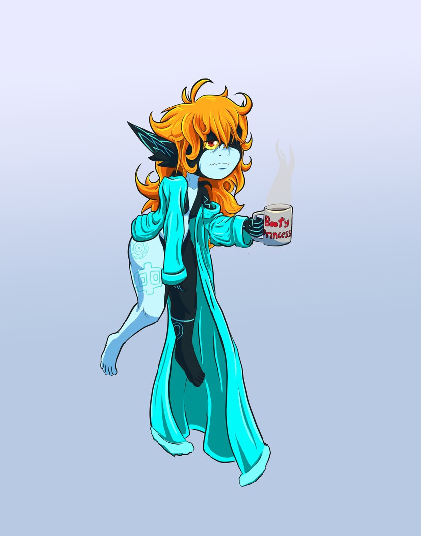 arm_tattoo beverage black_body body_tattoo clothing coffee coffee_cup coffee_mug container cup ear_tattoo female floating hair messy_clothing messy_hair multicolored_body not_furry orange_hair pointy_ears red_eyes robe robe_only sleeping_gown solo tattoo teal_body tired tired_expression tired_eyes tired_look yellow_sclera geminart nintendo the_legend_of_zelda twilight_princess midna human humanoid imp mammal twili 2023 absurd_res digital_drawing_(artwork) digital_media_(artwork) digital_painting_(artwork) hi_res