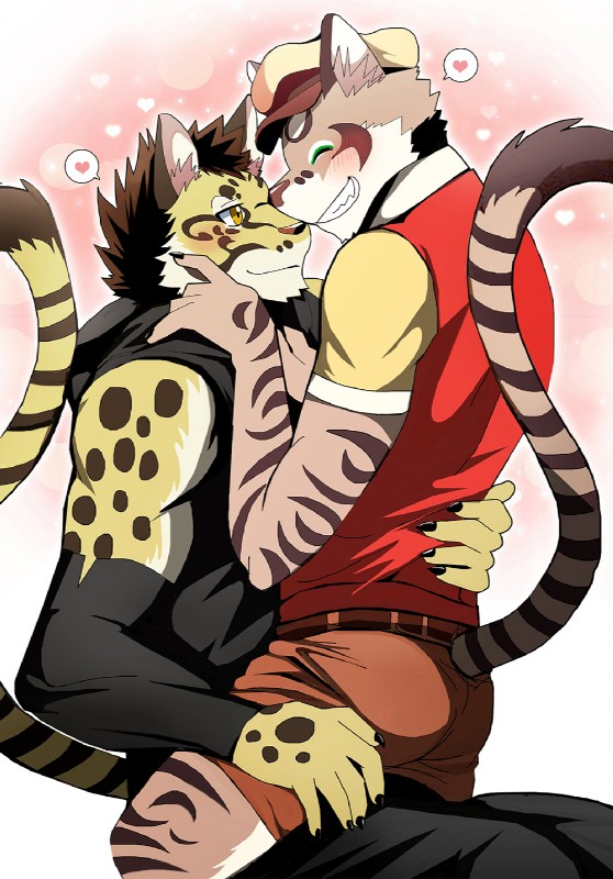 anthro belt blush bottomwear claws clothed clothing countershading duo eyes_closed fully_clothed fur hat headgear headwear heart_symbol male male/male markings shorts spots spotted_body spotted_fur striped_body striped_fur striped_markings striped_tail stripes tail tail_markings teeth bearlovestiger13 nekojishi studio_klondike likulau shu-chi clouded_leopard felid feline felis leopard_cat mammal pantherine prionailurus 2018 hi_res