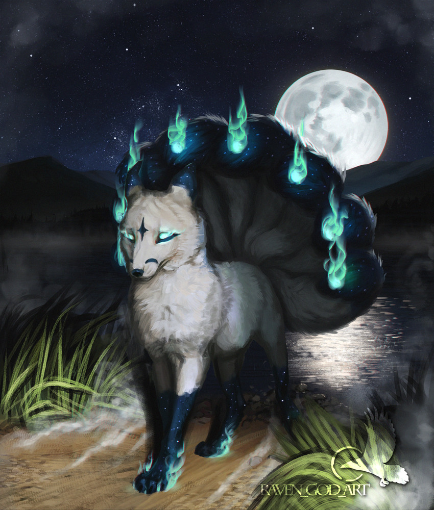 constellation detailed_background feral fierce fog full_moon fur glowing glowing_eyes kitsunebi magic male moon mountain multi_tail night outside plant power sky solo star tail text water white_body white_fur hedax asian_mythology east_asian_mythology mythology canid canine canis fox fox_spirit mammal 2019 detailed digital_drawing_(artwork) digital_media_(artwork) english_text hi_res