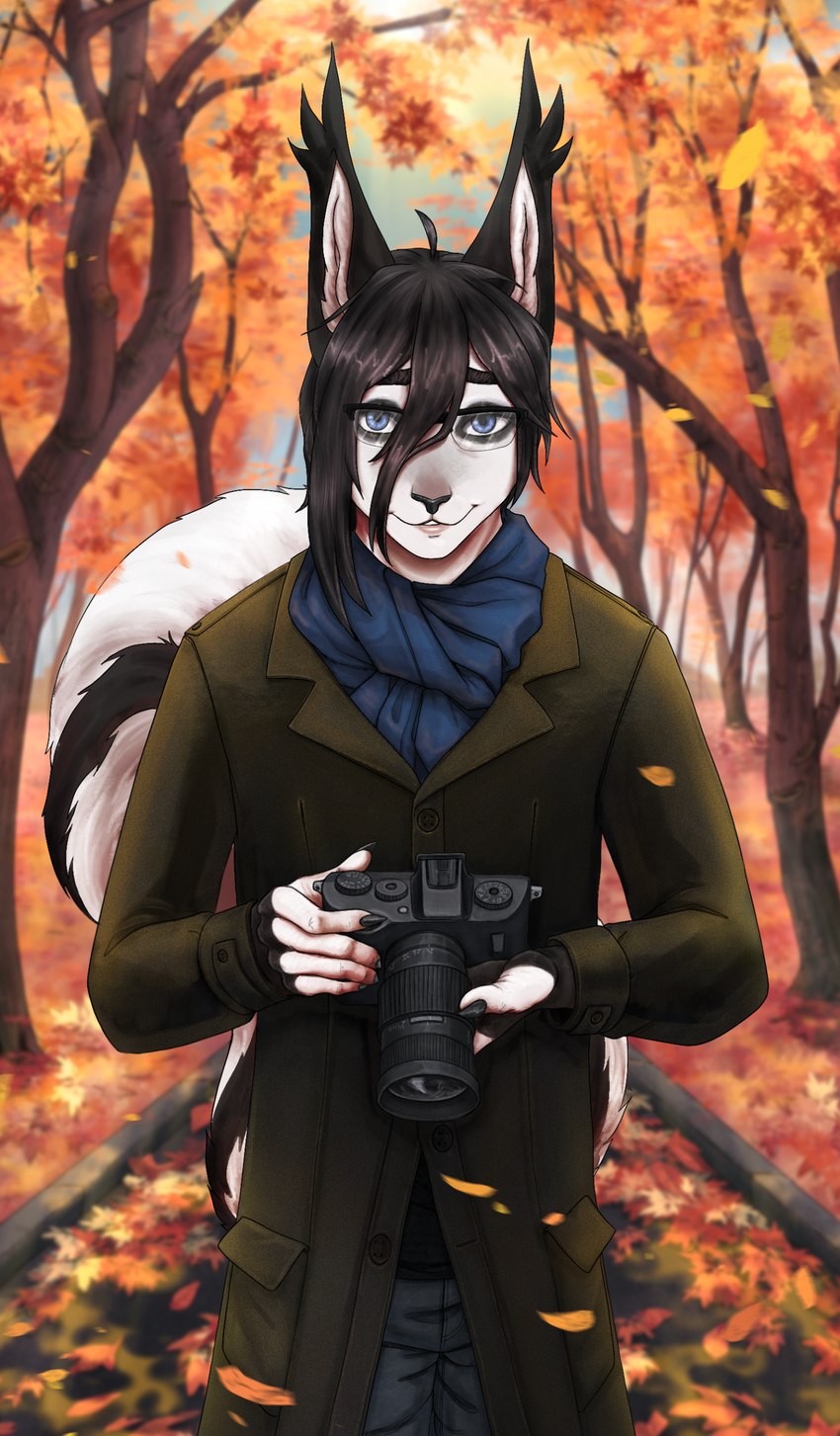 5_fingers anthro autumn autumn_leaves biped black_body black_bottomwear black_clothing black_ears black_fur black_hair black_nose black_pants black_shirt black_tail black_topwear blue_eyes blue_scarf blue_sky bottomwear camera claws clothed clothing coat detailed_background ear_markings eye_markings eyebrows eyewear falling_leaves finger_claws fingers fur glasses grey_arms grey_body grey_bottomwear grey_clothing grey_fur grey_hands grey_markings hair head_markings holding_object inner_ear_fluff leaf lips long_hair looking_at_viewer male markings multicolored_body multicolored_fur nature nature_background outside pants park photographer plant plantigrade road scarf shirt skinny sky slim slim_anthro slim_male small_waist smile smiling_at_viewer solo standing tail tail_markings tail_tuft teeth topwear tree trenchcoat tuft white_arms white_body white_fingers white_fur white_tail yoshirenart eric_martins mammal rodent sciurid tree_squirrel absurd_res colored digital_drawing_(artwork) digital_media_(artwork) hi_res portrait