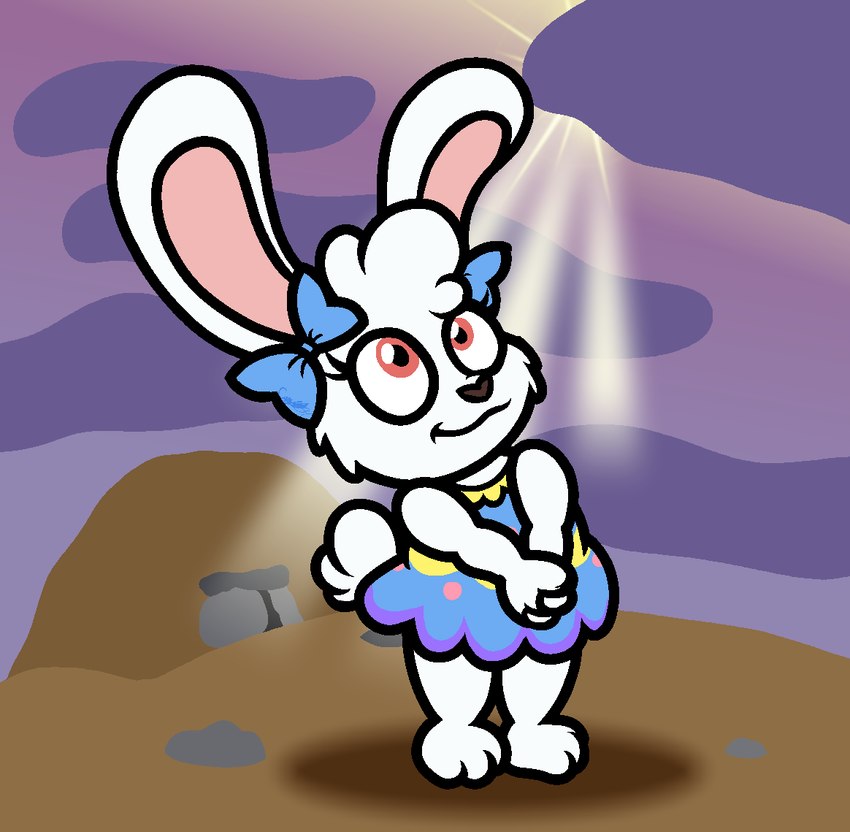 3_toes anthro barefoot blue_bow blue_clothing blue_dress brown_nose cheek_tuft closed_smile clothed clothed_anthro clothed_female clothing cloud dress eyelashes facial_tuft feet female fingers fur hands_together holidays light light_beam long_ears looking_up mouth_closed pink_eyes purple_clouds purple_sky rock scut_tail short_tail sky smile solo standing sunbeam sunlight tail tan_inner_ear toes tuft white_body white_fur white_tail young young_anthro young_female captainquack64 easter elizabeth_(captainquack64) lagomorph leporid mammal rabbit 2025 colored digital_drawing_(artwork) digital_media_(artwork) english_description shaded simple_shading