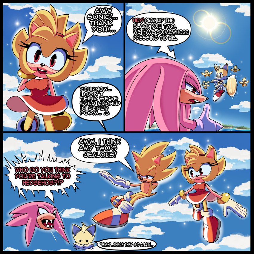 anthro black_border border female group island light male male/female narrow_hips pronounced_browridge sea speech_bubble sun super_form thin_calves thin_legs thin_thighs water blue_archer_(artist) sega sonic_the_hedgehog_(series) amy_rose knuckles_the_echidna miles_prower sonic_the_hedgehog super_amy_rose super_knuckles super_sonic super_tails avian bird echidna eulipotyphlan hedgehog mammal monotreme 1:1 absurd_res hi_res lighting