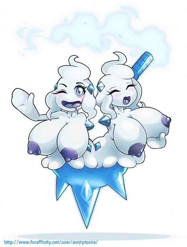 alternate_species areola big_breasts breasts conjoined dessert duo eyes_closed female food huge_breasts humanoidized ice ice_cream icicle multi_upper_body nipples not_furry nude open_mouth pokemorph purple_nipples simple_background smile snow text white_body auntymoira nintendo pokemon generation_5_pokemon humanoid pokemon_(species) vanilluxe hi_res url