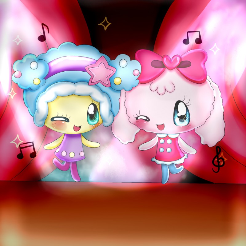 blue_eyes blush clothing dress duo female green_eyes legwear looking_at_viewer musical_note musical_symbol one_eye_closed singing stage stockings symbol wink bfdifan123_(artist) tamagotchi humanoid kiraritchi yumemitchi 1:1 2016