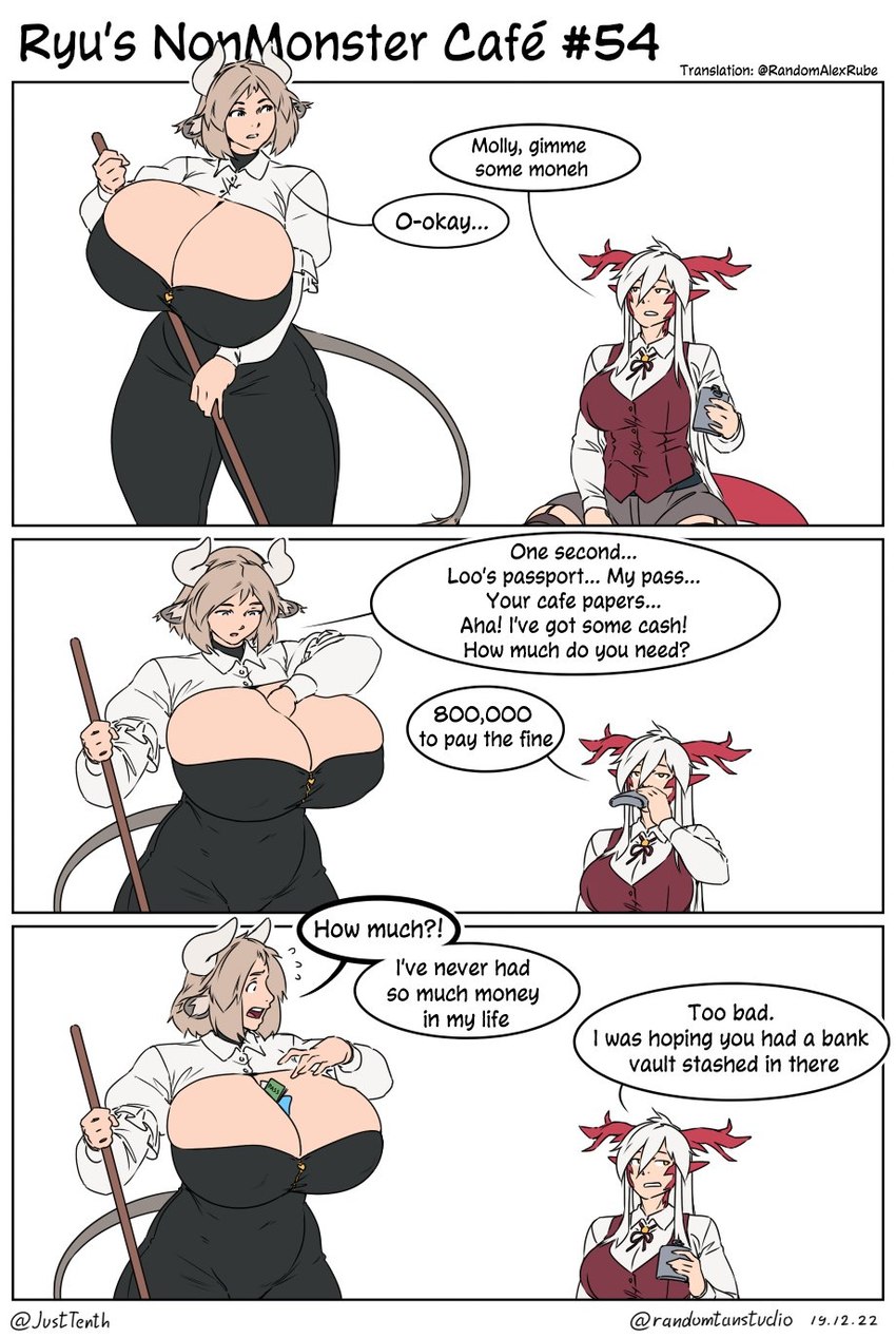 big_breasts breasts drinking female flask huge_breasts tail text randomtanstudio mythology molly_(randomtanstudio) ryu_(randomtanstudio) animal_humanoid bovid bovid_humanoid bovine bovine_humanoid dragon dragon_humanoid humanoid mammal mammal_humanoid mythological_creature mythological_scalie scalie english_text hi_res