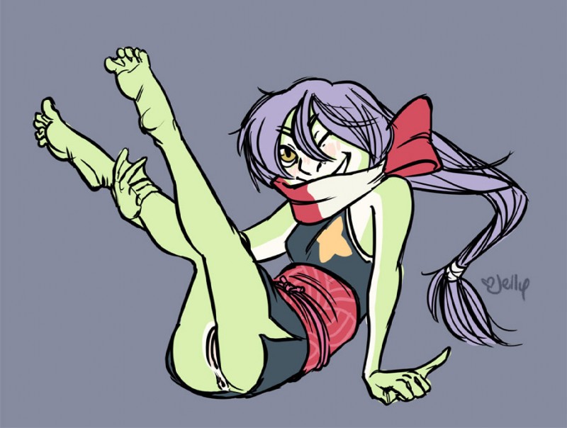 blush bottomless clothed clothing feet female gesture grey_background hair leg_grab membrane_(anatomy) no_underwear one_eye_closed purple_hair raised_finger raised_pinky scarf simple_background sitting soles solo toes webbed_feet webbed_hands wink yellow_eyes jellybats amphibian frog