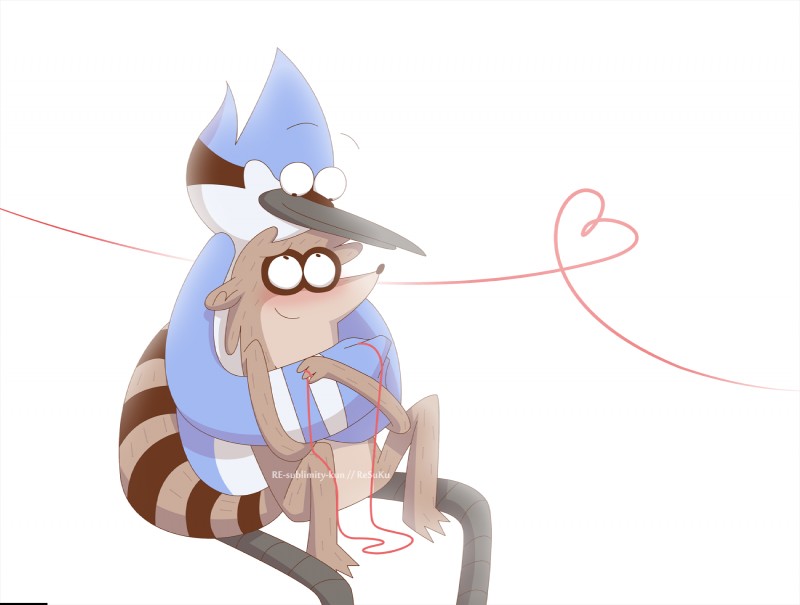 anthro bromance duo male tail re-sublimity-kun cartoon_network regular_show mordecai_(regular_show) rigby_(regular_show) avian bird blue_jay corvid jay_(bird) mammal new_world_jay oscine passerine procyonid raccoon digital_media_(artwork) hi_res