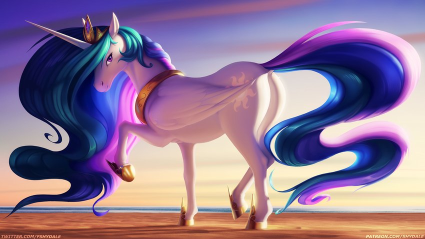 butt cutie_mark female feral horn looking_at_viewer outside solo text wings shydale friendship_is_magic hasbro my_little_pony mythology princess_celestia_(mlp) equid equine mammal mythological_creature mythological_equine winged_unicorn 16:9 2021 digital_media_(artwork) hi_res url widescreen