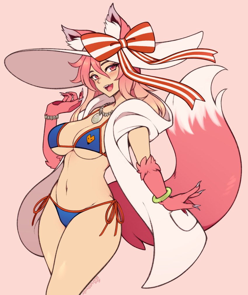 bikini breasts clothing female hair hat headgear headwear jewelry pink_hair ribbons solo swimwear two-piece_swimsuit thescarletdevil fate_(series) type-moon caster_tamamo-no-mae animal_humanoid canid canid_humanoid canine canine_humanoid fox_humanoid humanoid mammal mammal_humanoid absurd_res hi_res