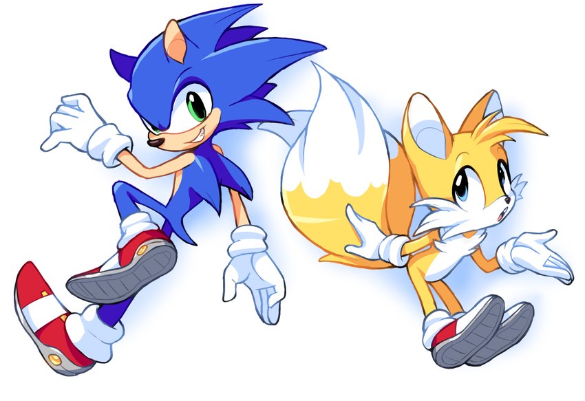 5_fingers anthro blue_body blue_eyes blue_fur clothing duo fingers footwear fur gloves green_eyes hair handwear larger_male looking_at_viewer looking_back male open_mouth rear_view shoes simple_background size_difference smaller_male smile young young_anthro thousandarms sega sonic_the_hedgehog_(series) miles_prower sonic_the_hedgehog canid canine eulipotyphlan fox hedgehog mammal absurd_res digital_media_(artwork) hi_res