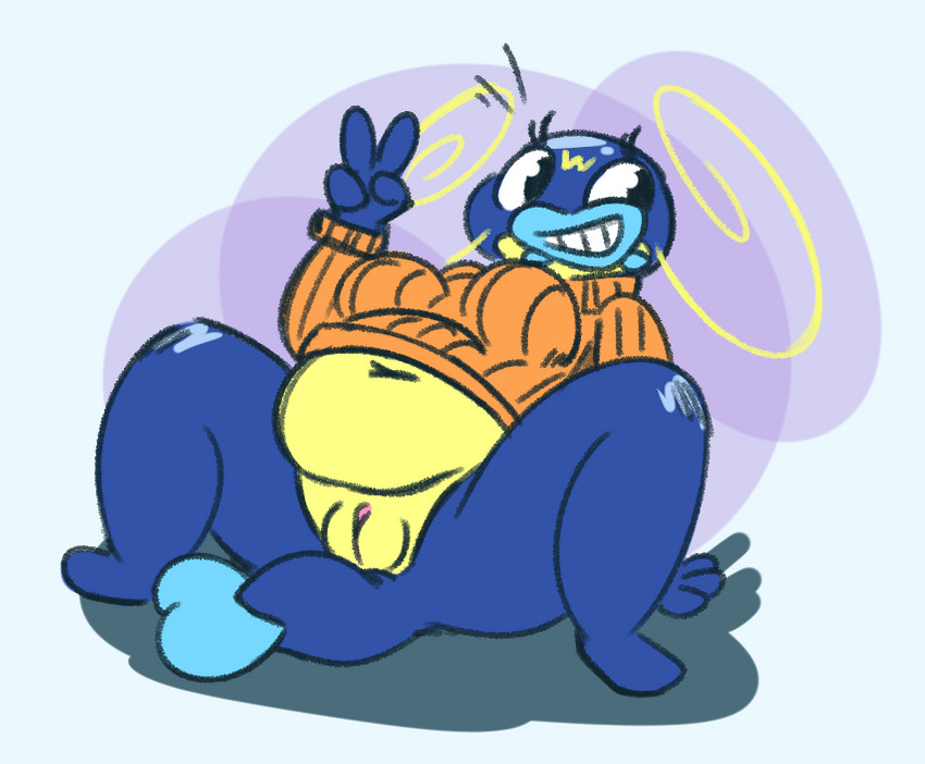 anthro anthrofied arm_support backward_arm_support belly blue_body bottomless breasts clothed clothing female front_view genitals gesture grin hand_gesture lying non-mammal_breasts on_back orange_clothing orange_sweater orange_topwear overweight overweight_anthro overweight_female plump_labia pokemorph pussy reclining smile solo spread_legs spreading sweater topwear v_sign junkbag nintendo pokemon cathy_(junktrashman) fish generation_3_pokemon marine pokemon_(species) whiscash 2019