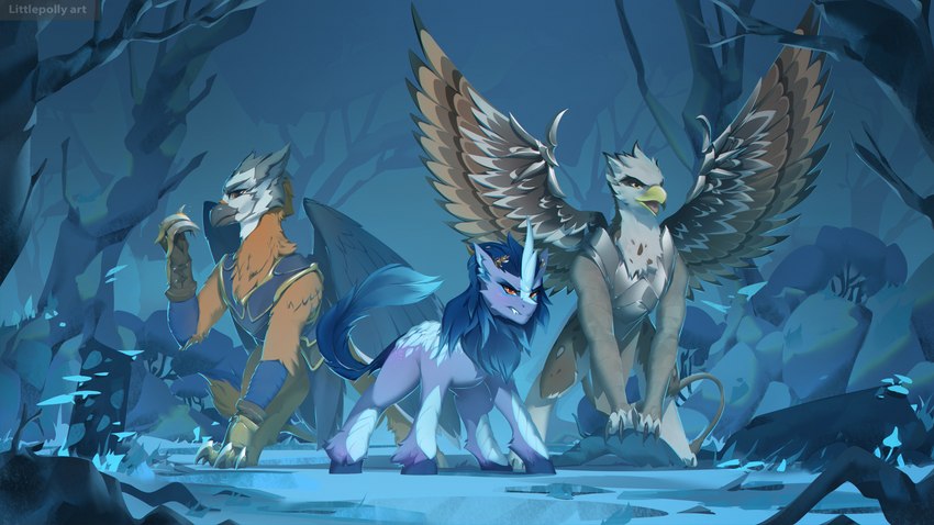 ambiguous_gender armor beak black_beak blue_body blue_fur blue_mane blue_tail brown_body brown_feathers claws feathered_wings feathers feral forest fur grey_body grey_feathers group horn long_tail mane open_mouth plant smile spread_wings tail tree trio white_body white_feathers wings yellow_beak littlepolly asian_mythology chinese_mythology east_asian_mythology hasbro my_little_pony mythology fan_character makari_(oc) ospreay_(oc) tundra_(oc) avian dragon gryphon kirin mythological_avian mythological_creature mythological_scalie scalie absurd_res hi_res