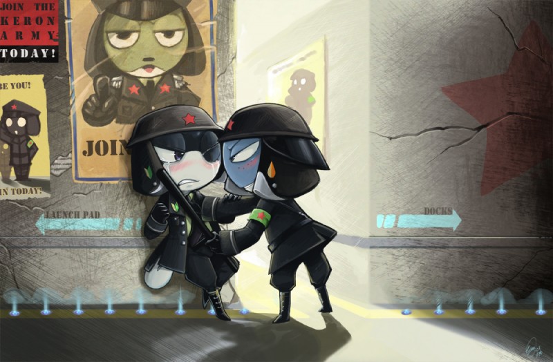 ambiguous_gender anthro black_boots black_clothing black_footwear bodily_fluids boots clothing club_(weapon) crying directional_arrow duo footwear holding_club holding_melee_weapon holding_object holding_weapon melee_weapon military nightstick police police_hat poster propaganda propaganda_poster recruitment_poster shoes tears uniform weapon owlgem sgt._frog gemma_wilson tamama taruru amphibian frog keronian