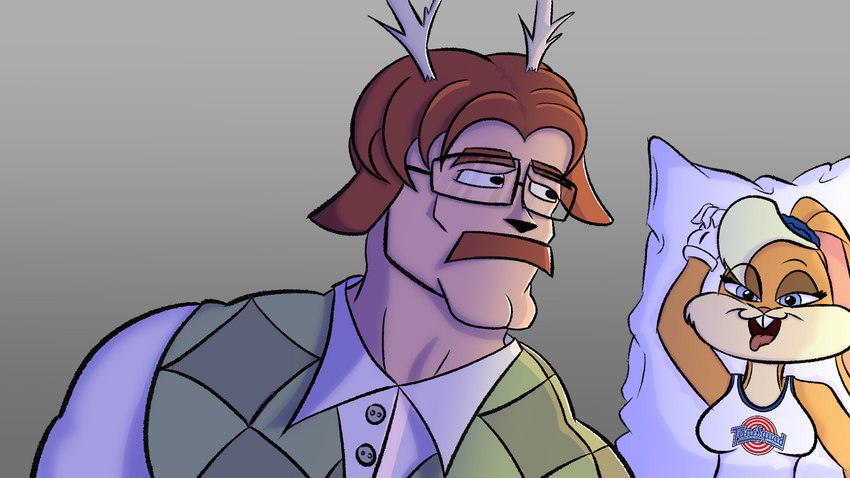 anthro body_pillow dakimakura dakimakura_pillow eyewear facial_hair glasses horn male mustache pillow solo tune_squad_outfit frizzmake chad_(meme) looney_tunes space_jam warner_brothers lola_bunny renita_reed_(character) deer mammal 16:9 hi_res meme widescreen