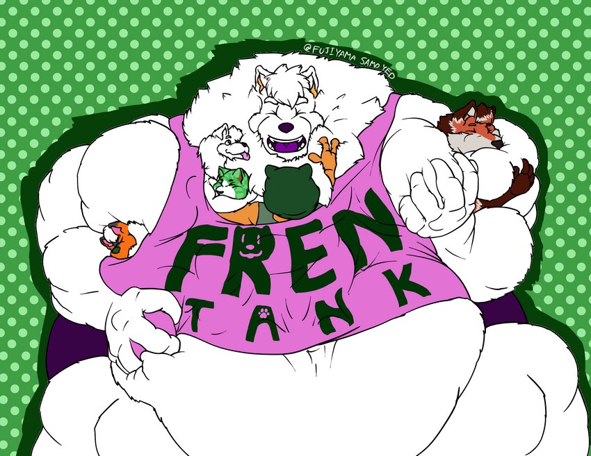 anthro barazoku belly big_belly clothed clothing fur group happy head_tuft hyper kemono larger_male male moob_grab moob_squish moobs morbidly_obese morbidly_obese_anthro neck_tuft obese obese_anthro obese_male open_mouth overweight overweight_anthro overweight_male pec_smothering pink_clothing sharing_clothing shirt simple_background size_difference sleeping smaller_male smile smothering squish tank_top teeth text text_on_clothing text_on_shirt text_on_topwear thick_thighs topwear tuft warm white_body yellow_ears fujiyama_samoyed_(artist) get_along_shirt fujiyama_kenhaku nano_byte(nanogamer31) canid canine canis domestic_cat domestic_dog felid feline felis fox hybrid mammal nordic_sled_dog samoyed spitz himbo digital_media_(artwork) english_text hi_res meme