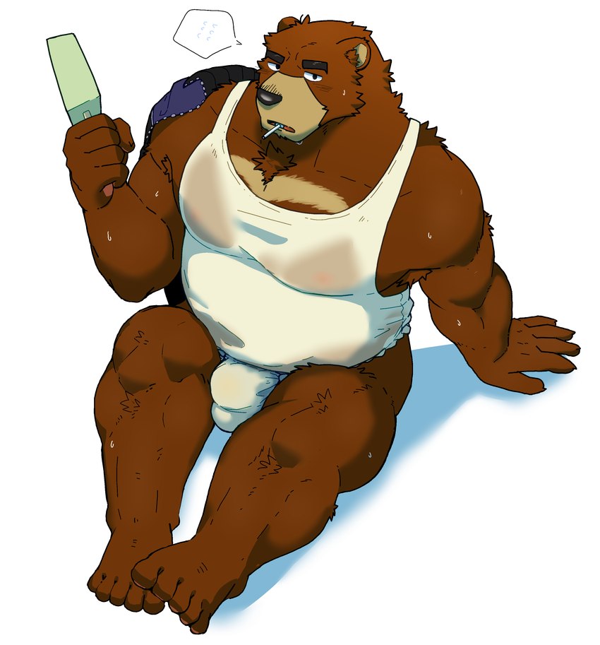 anthro asian_clothing belly brown_body bulge clothing east_asian_clothing food fundoshi japanese_clothing kemono male musclegut muscular overweight overweight_male popsicle shirt sitting solo topwear underwear white_clothing white_fundoshi white_underwear hagom morenatsu juuichi_mikazuki bear mammal 2024 absurd_res hi_res