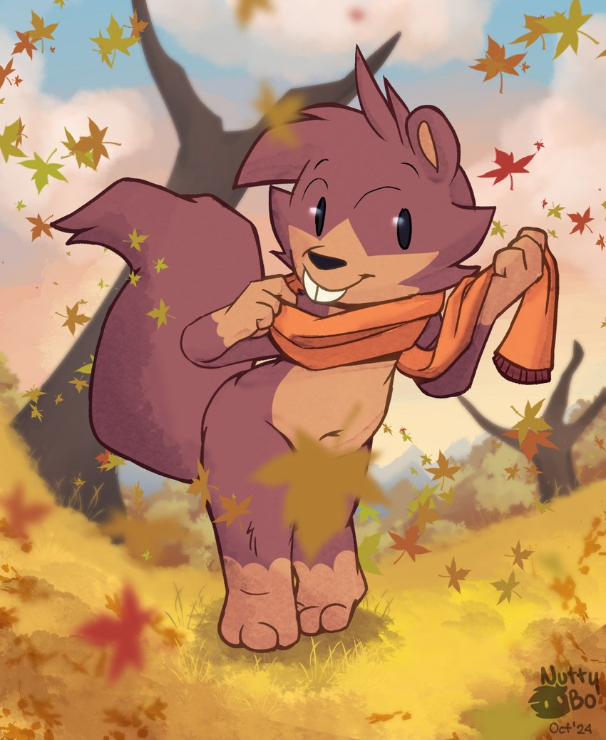 autumn brown_body buckteeth convenient_censorship fur hair leaf looking_at_viewer nude outside plant public scarf sky smile tail teeth tree nutty_bo bo_(nutty_bo) mammal rodent sciurid tree_squirrel censored hi_res