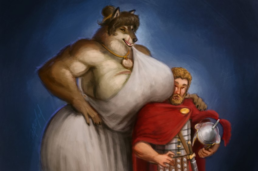 5_fingers anthro armor beard big_breasts breasts brown_body brown_fur brown_hair cape clothing dress duo facial_hair female fingers fur hair headgear helmet holding_armor holding_headgear holding_helmet holding_object huge_breasts human_on_anthro humanoid_hands interspecies larger_anthro larger_female male male/female roman size_difference smaller_human smaller_male rayoutofspace honoria_(sybarite) canid canine canis human mammal wolf 2024 absurd_res hi_res