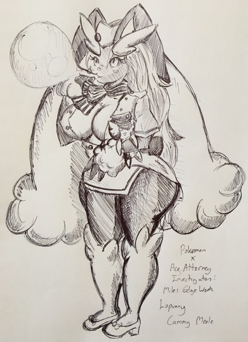 air_hostess alternate_species anthro big_breasts big_ears blowing_bubbles blush blush_stickers breasts bubble cleavage clothed clothing eyelashes female flight_attendant floppy_ears grey_background hair hand_tuft holding_object holding_plushie long_ears long_hair lop_ears plushie scard simple_background solo text thick_thighs wide_hips pikapika212 ace_attorney capcom nintendo pokemon cammy_meele_(ace_attorney) generation_4_pokemon lopunny pokemon_(species) hi_res traditional_media_(artwork)