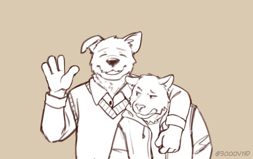 age_difference anthro clothed clothing duo male male/male smile topwear 3000vnd canid canine canis domestic_cat domestic_dog felid feline felis mammal