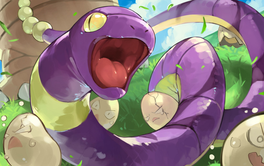 ambiguous_gender bodily_fluids cloud day egg feral group open_mouth sweat tongue wolftapioca nintendo pokemon ekans exeggcute exeggutor generation_1_pokemon pokemon_(species) reptile scalie 2020 hi_res